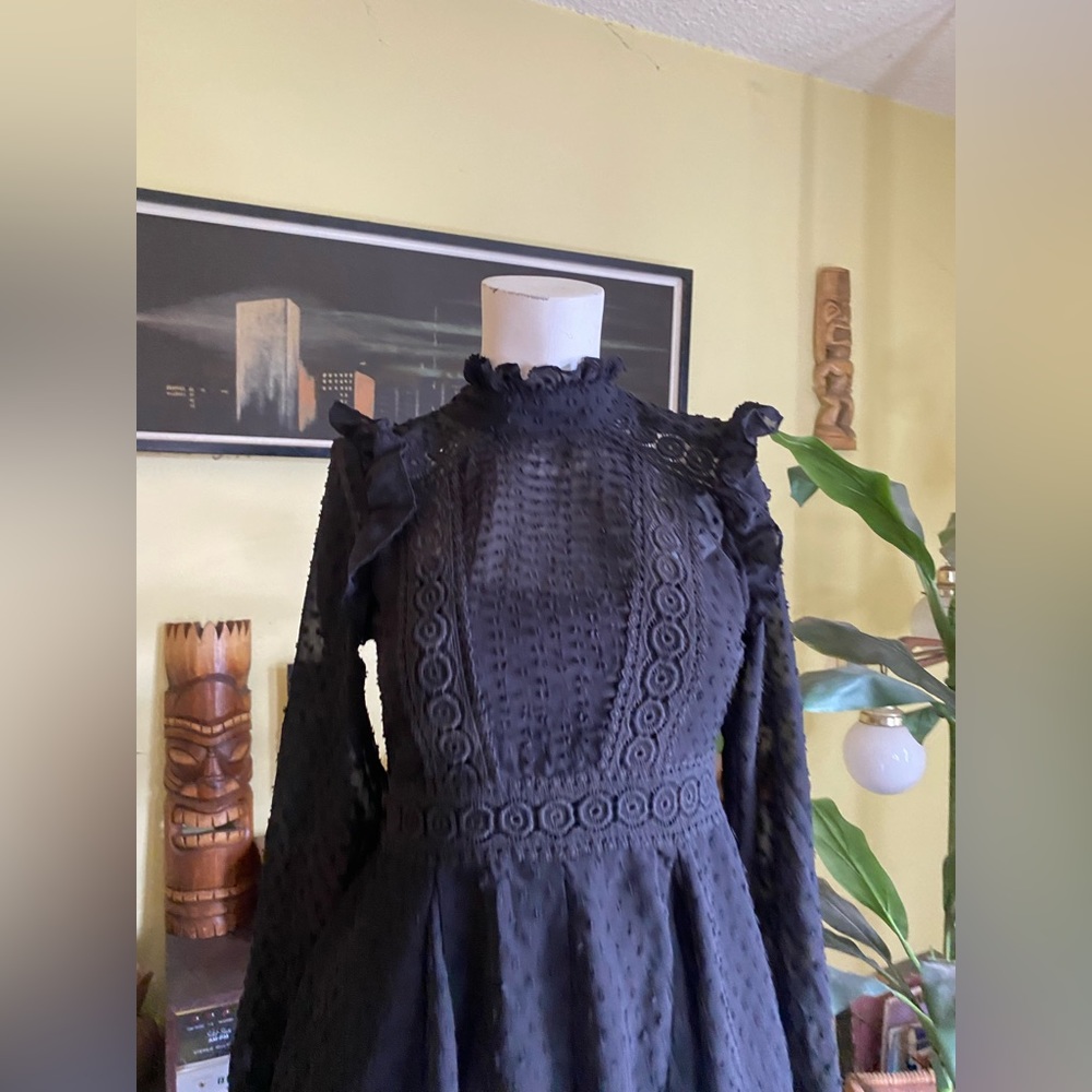 ASOS gothic little black eyelet lace embroidered elegant mini dress boho - Picture 3 of 11